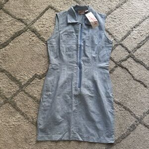 Vintage gingham dress blue white 100% linen mini checker large new